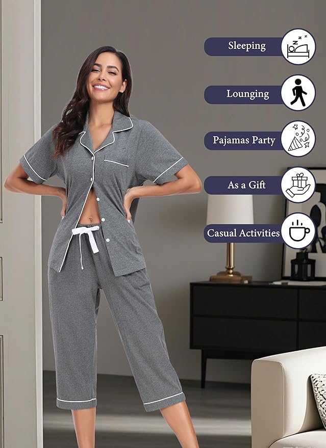 Women's 100% Cotton Capri Pajama Set - Short Sleeve - 2 Piece