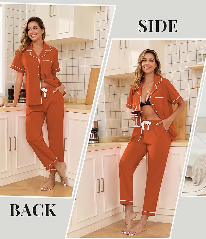 Women's 100% Cotton Pants Pajama Set - Short Sleeve - 2 Piece