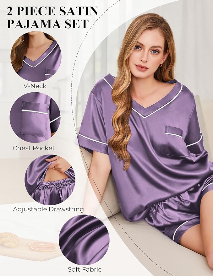 Women's Satin Pajama Set - Short Sleeve - 2 Piece