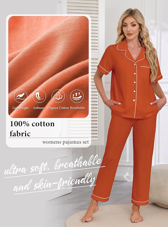 Women's 100% Cotton Pants Pajama Set - Short Sleeve - 2 Piece