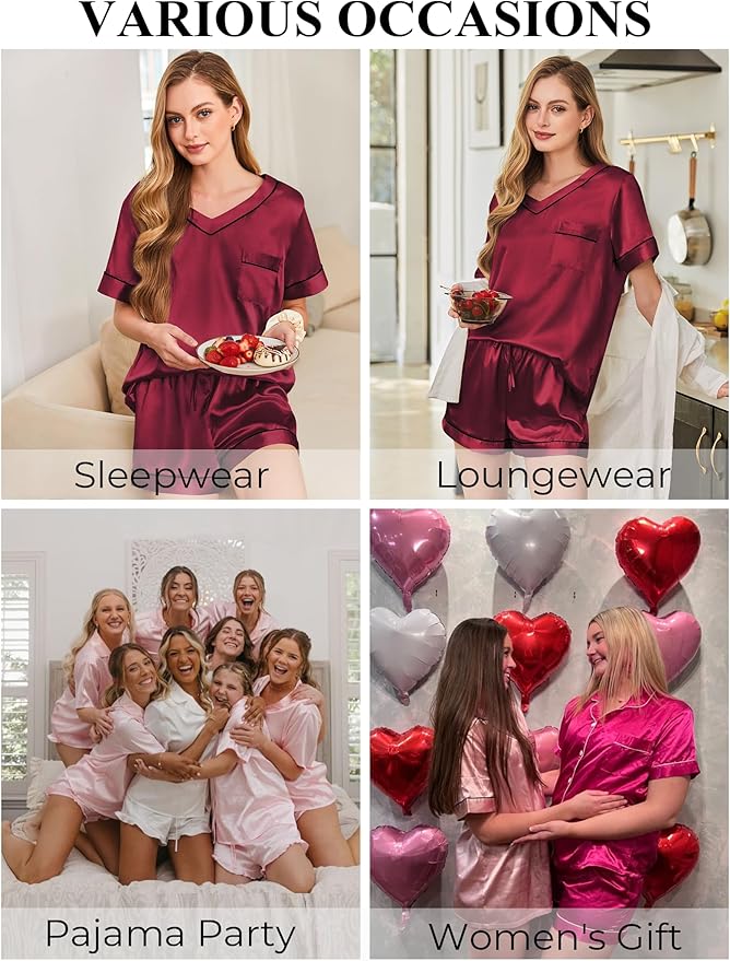 Women's Satin Pajama Set - Short Sleeve - 2 Piece