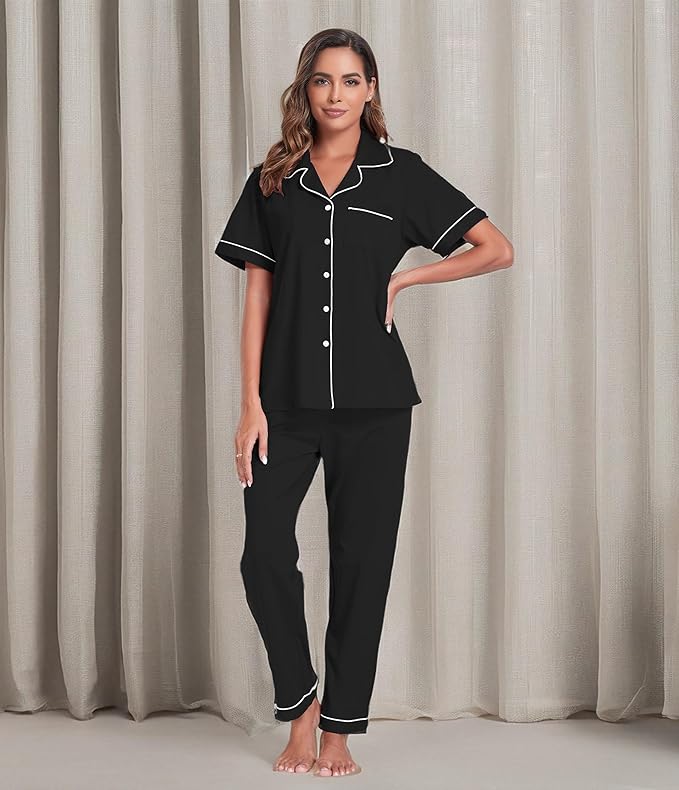 Women's 100% Cotton Pants Pajama Set - Short Sleeve - 2 Piece