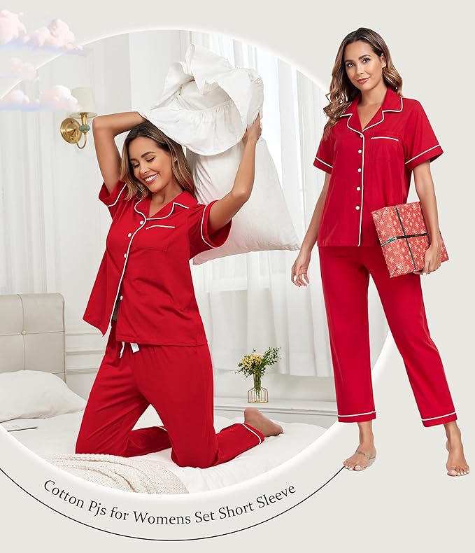 Women's 100% Cotton Pants Pajama Set - Short Sleeve - 2 Piece