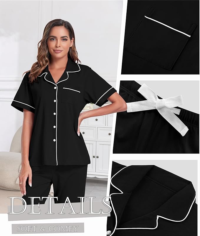 Women's 100% Cotton Pants Pajama Set - Short Sleeve - 2 Piece