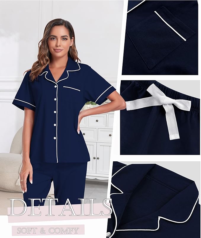 Women's 100% Cotton Pants Pajama Set - Short Sleeve - 2 Piece