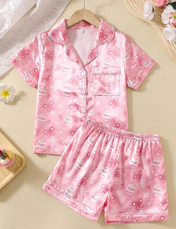 Satin Pajama Set - Short Sleeve - 2 Piece