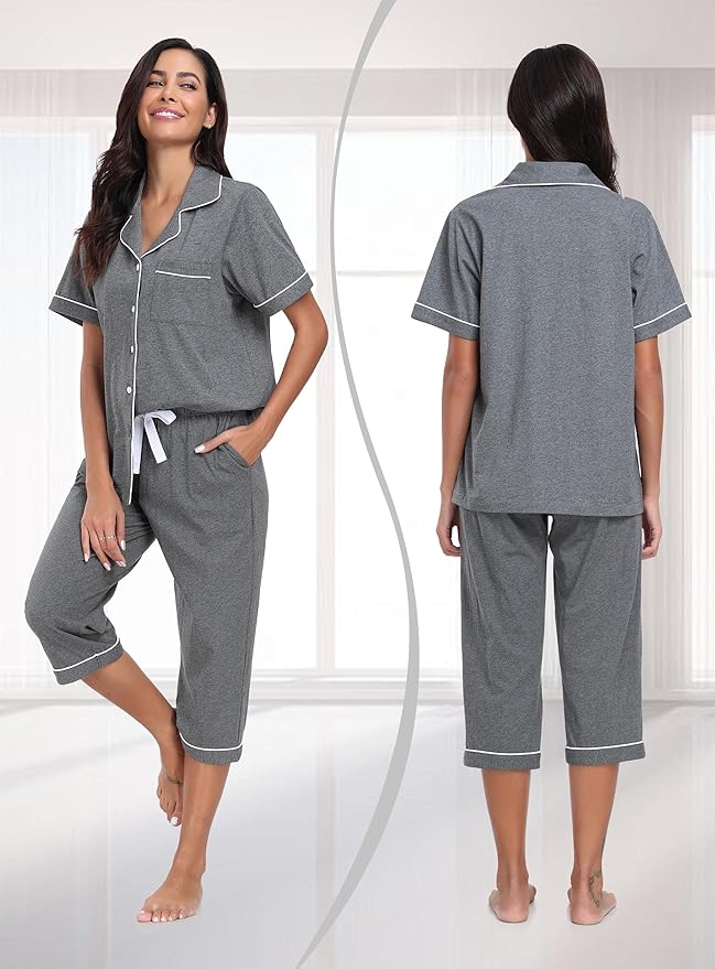 Women's 100% Cotton Capri Pajama Set - Short Sleeve - 2 Piece