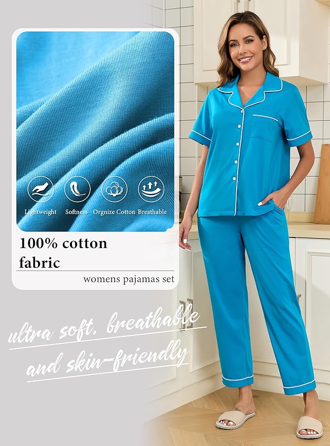 Women's 100% Cotton Pants Pajama Set - Short Sleeve - 2 Piece