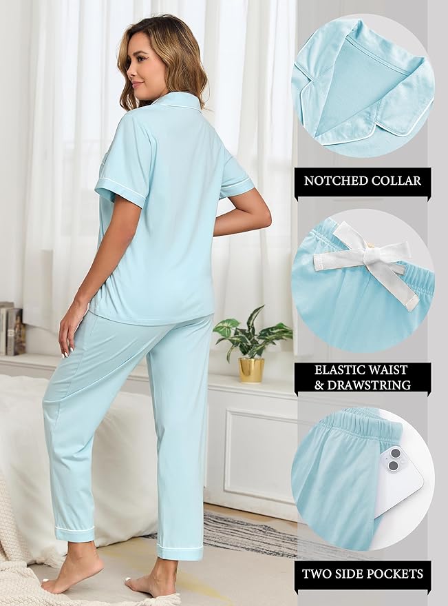 Women's 100% Cotton Pants Pajama Set - Short Sleeve - 2 Piece