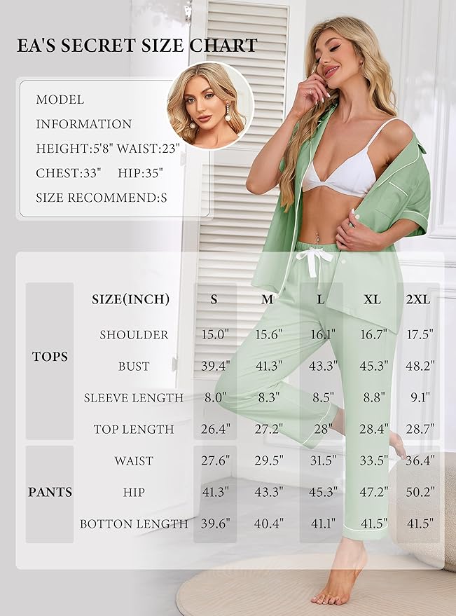 Women's 100% Cotton Pants Pajama Set - Short Sleeve - 2 Piece