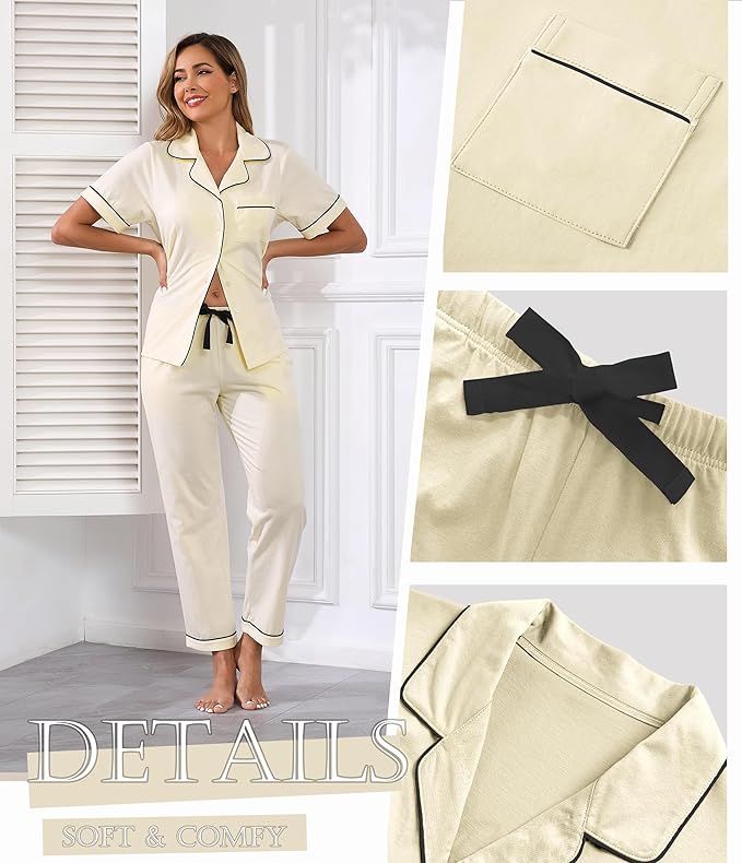 Women's 100% Cotton Pants Pajama Set - Short Sleeve - 2 Piece