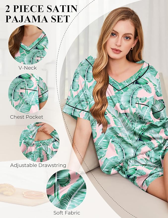 Women's Satin Pajama Set - Short Sleeve - 2 Piece