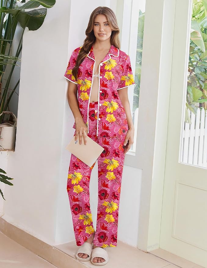 Women's Pants Pajama Set - Short Sleeve - 2 Piece