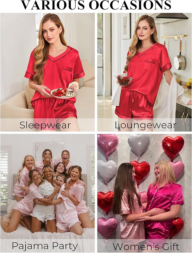 Women's Satin Pajama Set - Short Sleeve - 2 Piece
