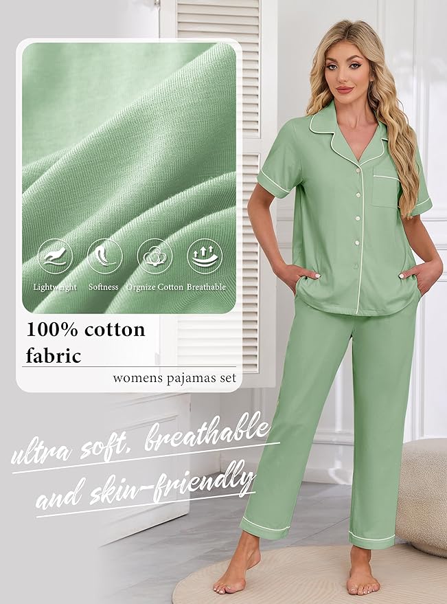 Women's 100% Cotton Pants Pajama Set - Short Sleeve - 2 Piece