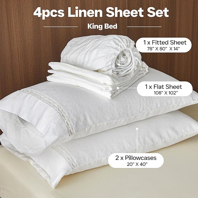 Linen Bed Sheet Set - King - 4 Piece