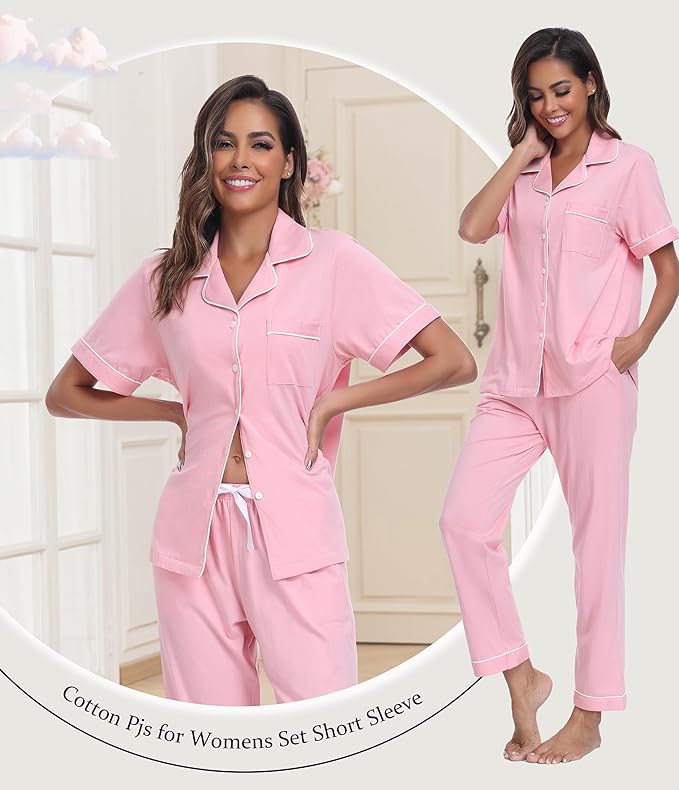 Women's 100% Cotton Pants Pajama Set - Short Sleeve - 2 Piece