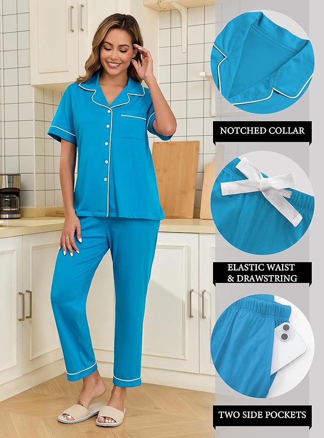 Women's 100% Cotton Pants Pajama Set - Short Sleeve - 2 Piece
