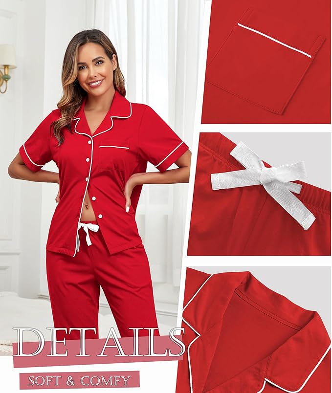 Women's 100% Cotton Pants Pajama Set - Short Sleeve - 2 Piece