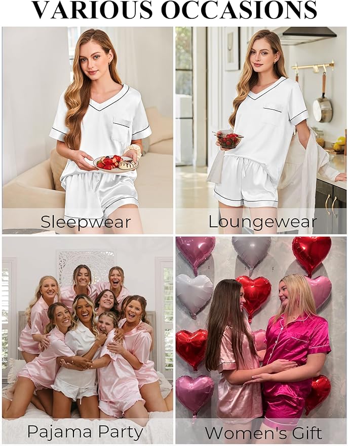 Women's Satin Pajama Set - Short Sleeve - 2 Piece