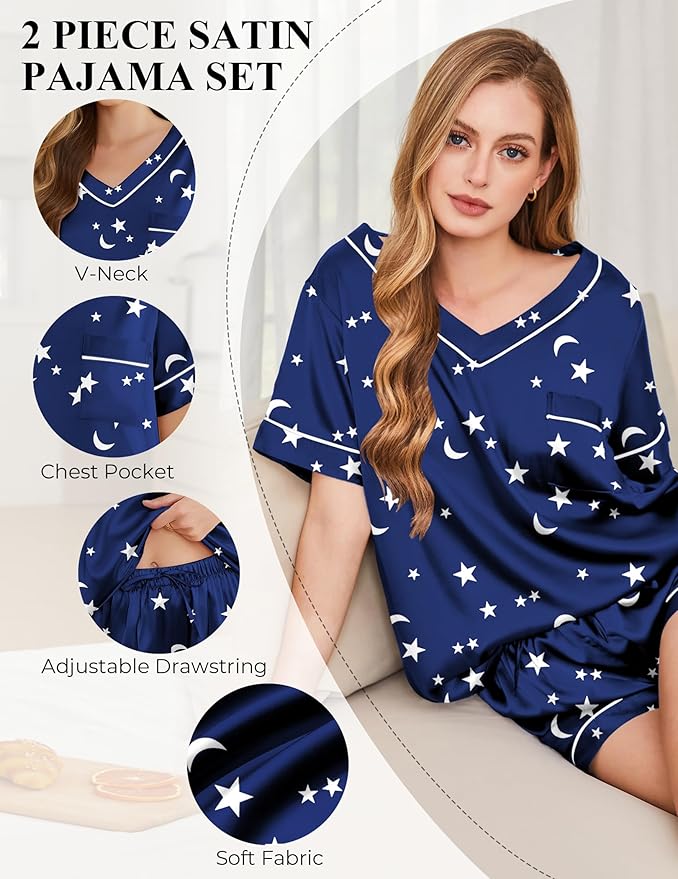 Women's Satin Pajama Set - Short Sleeve - 2 Piece