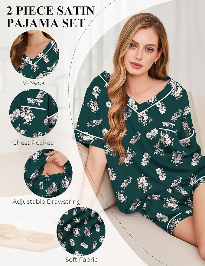Women's Satin Pajama Set - Short Sleeve - 2 Piece