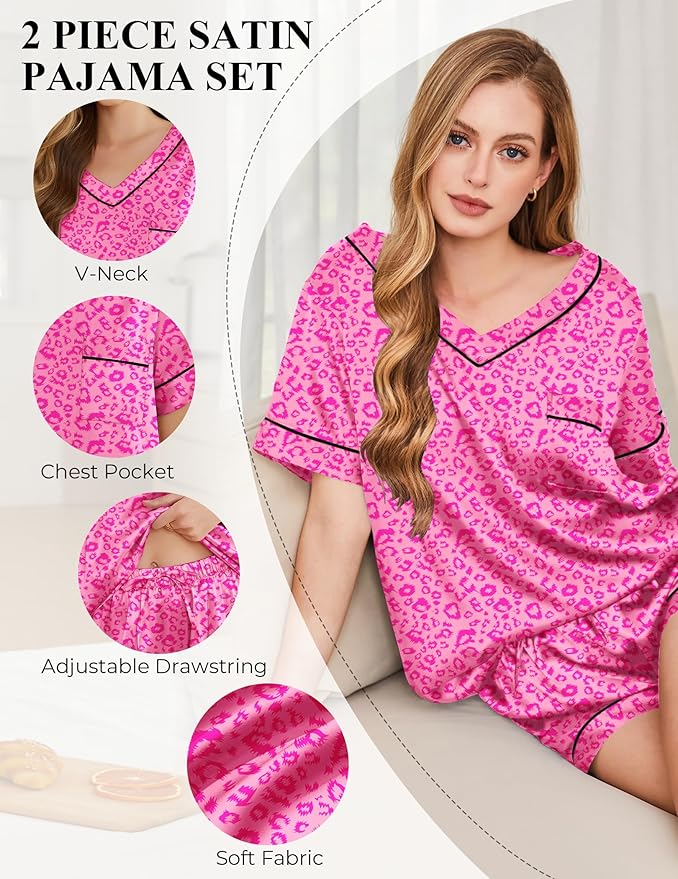 Women's Satin Pajama Set - Short Sleeve - 2 Piece