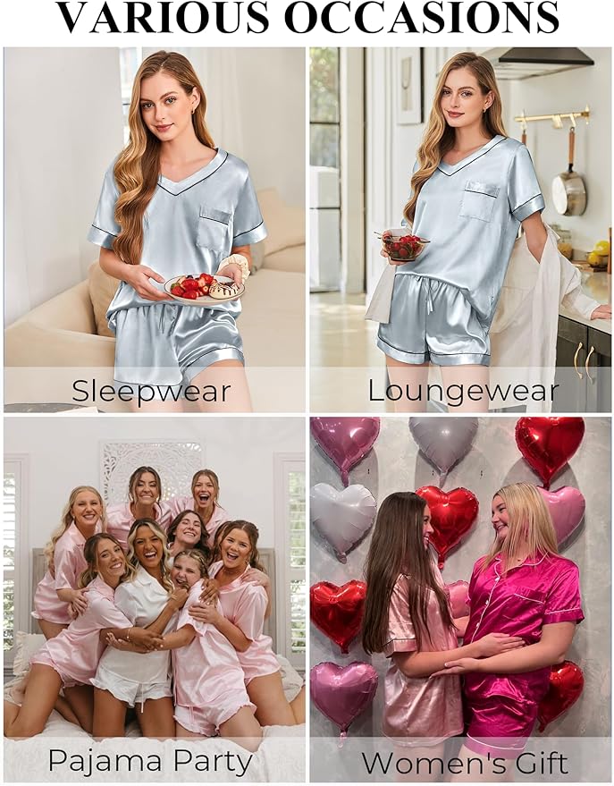 Women's Satin Pajama Set - Short Sleeve - 2 Piece