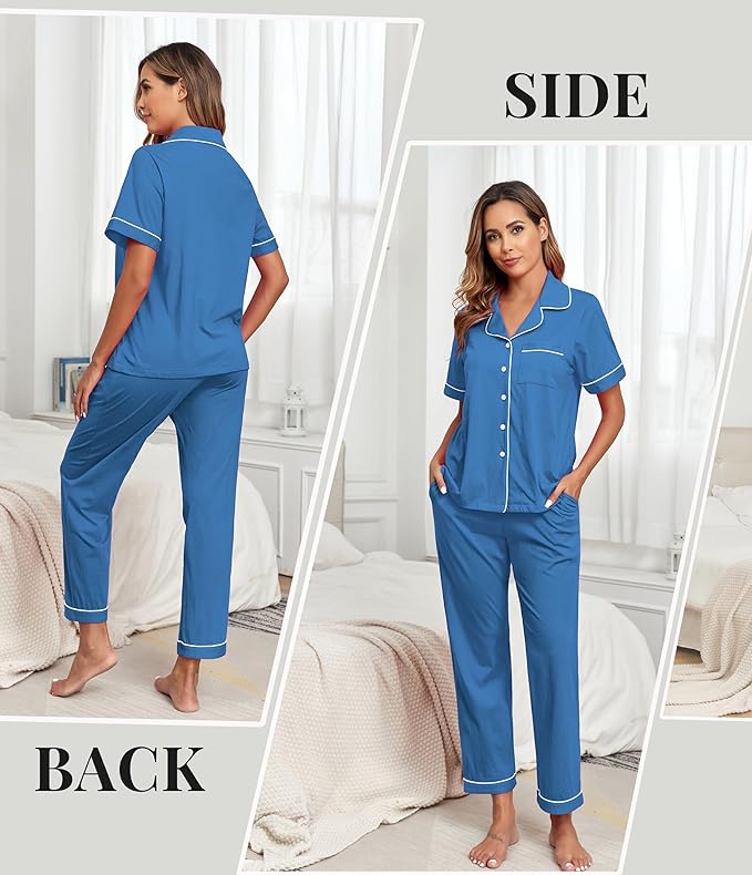Women's 100% Cotton Pants Pajama Set - Short Sleeve - 2 Piece