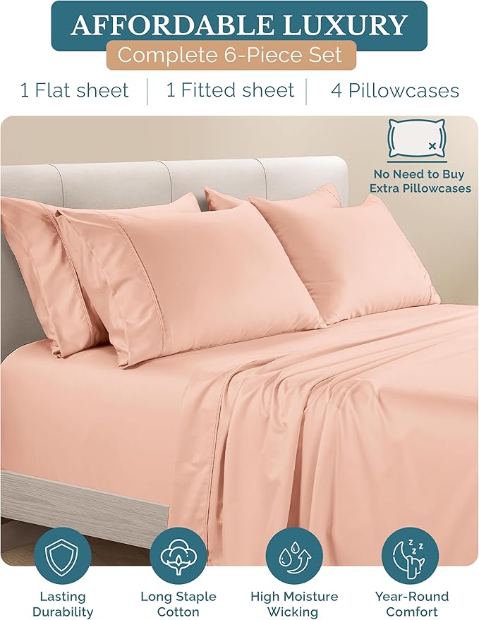 100% Cotton Bed Sheet Set - Full - 15 in Deep Pocket - 6 Piece