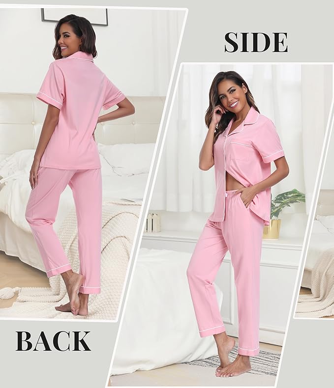 Women's 100% Cotton Pants Pajama Set - Short Sleeve - 2 Piece