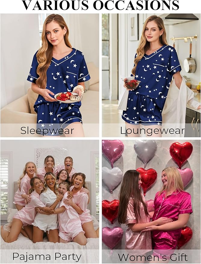 Women's Satin Pajama Set - Short Sleeve - 2 Piece