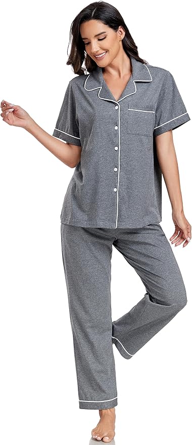 Women's 100% Cotton Pants Pajama Set - Short Sleeve - 2 Piece