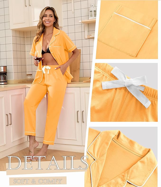Women's 100% Cotton Pants Pajama Set - Short Sleeve - 2 Piece