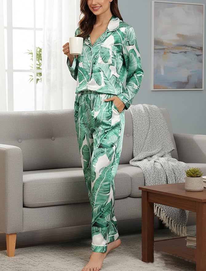 Women's Satin Pajama Set - Long Sleeve - 2 Piece