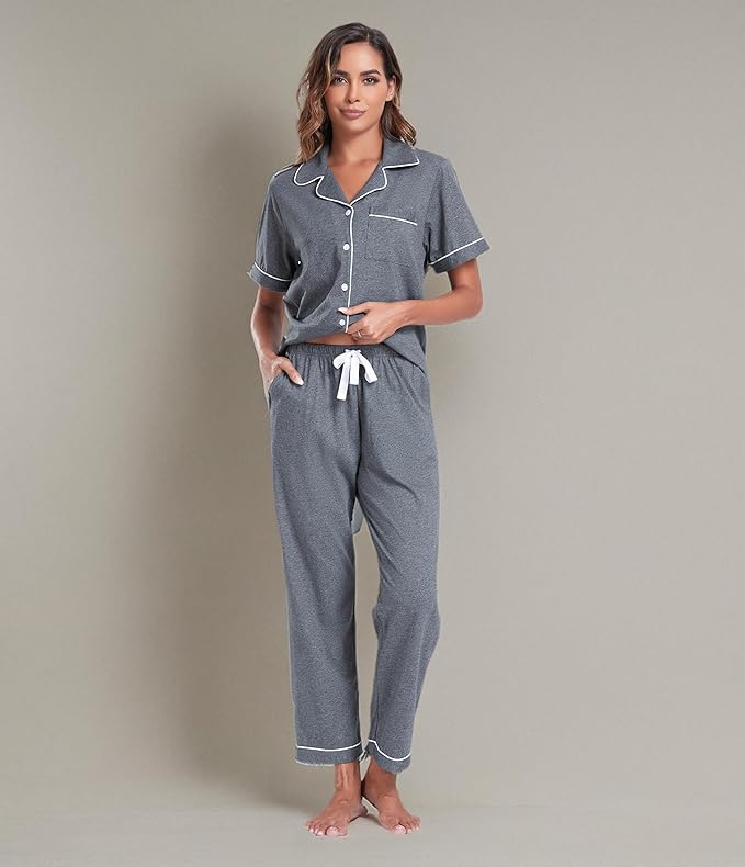 Women's 100% Cotton Pants Pajama Set - Short Sleeve - 2 Piece