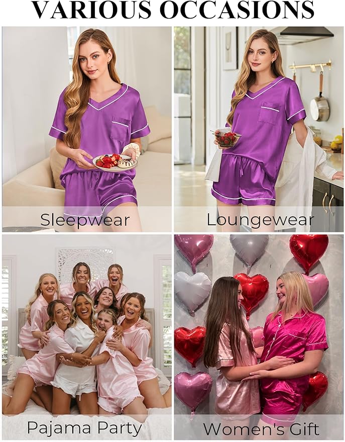 Women's Satin Pajama Set - Short Sleeve - 2 Piece
