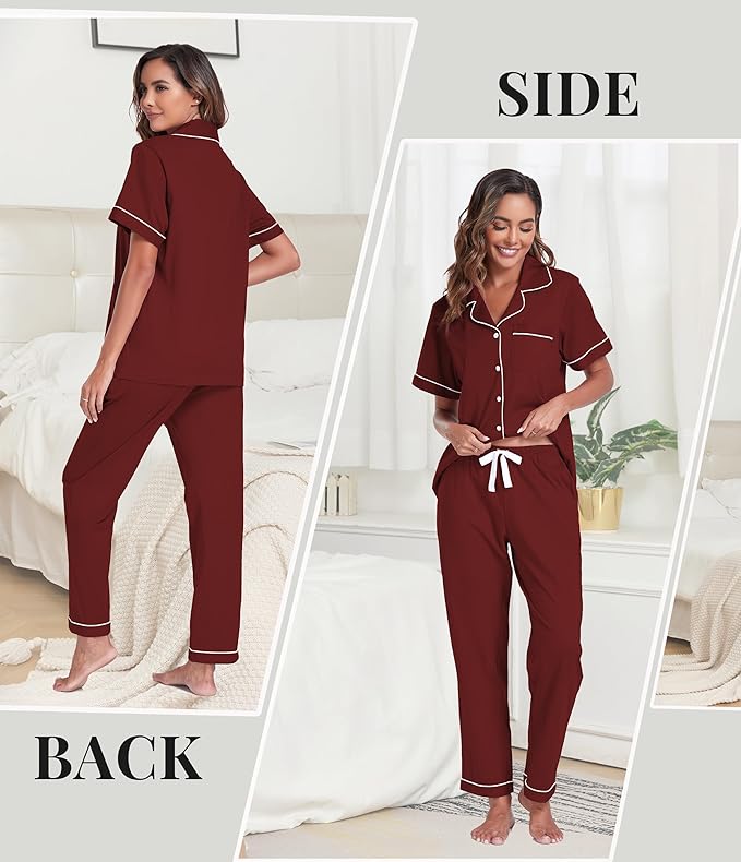 Women's 100% Cotton Pants Pajama Set - Short Sleeve - 2 Piece