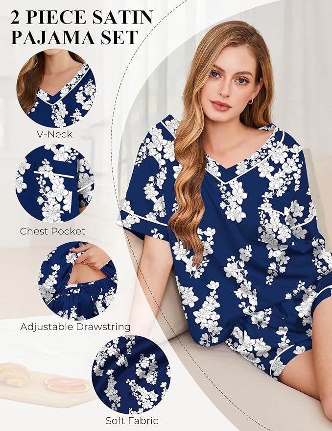 Women's Satin Pajama Set - Short Sleeve - 2 Piece