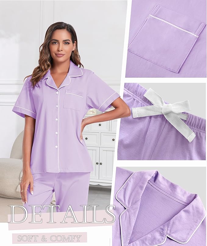 Women's 100% Cotton Pants Pajama Set - Short Sleeve - 2 Piece