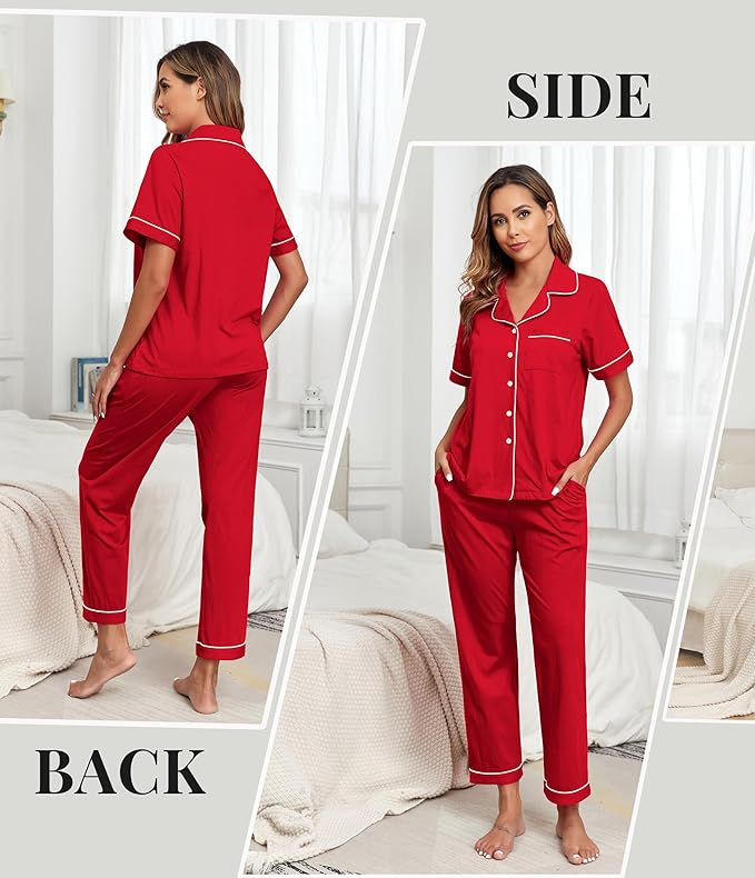 Women's 100% Cotton Pants Pajama Set - Short Sleeve - 2 Piece