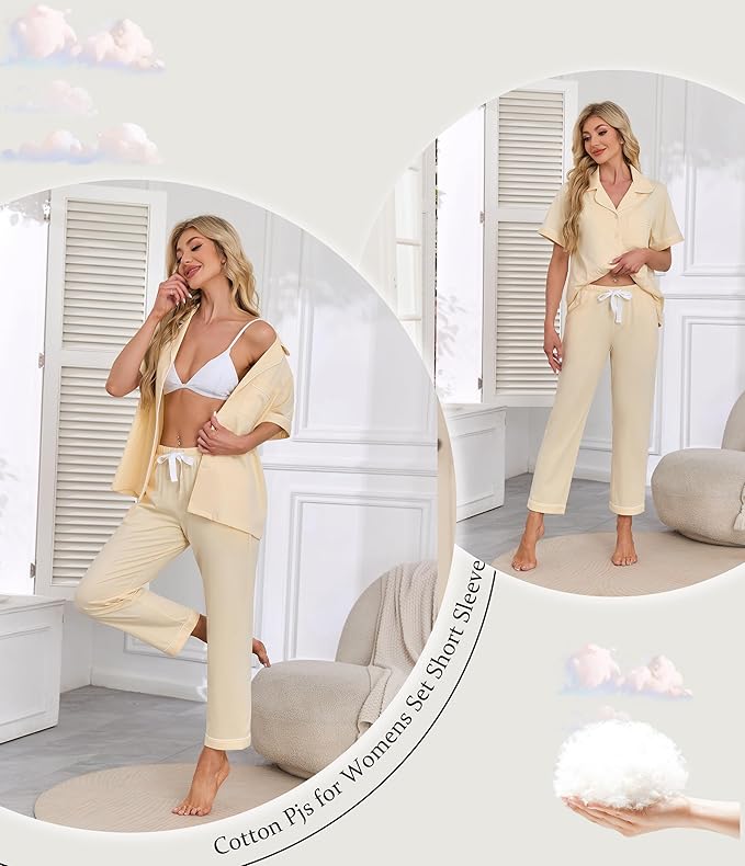 Women's 100% Cotton Pants Pajama Set - Short Sleeve - 2 Piece