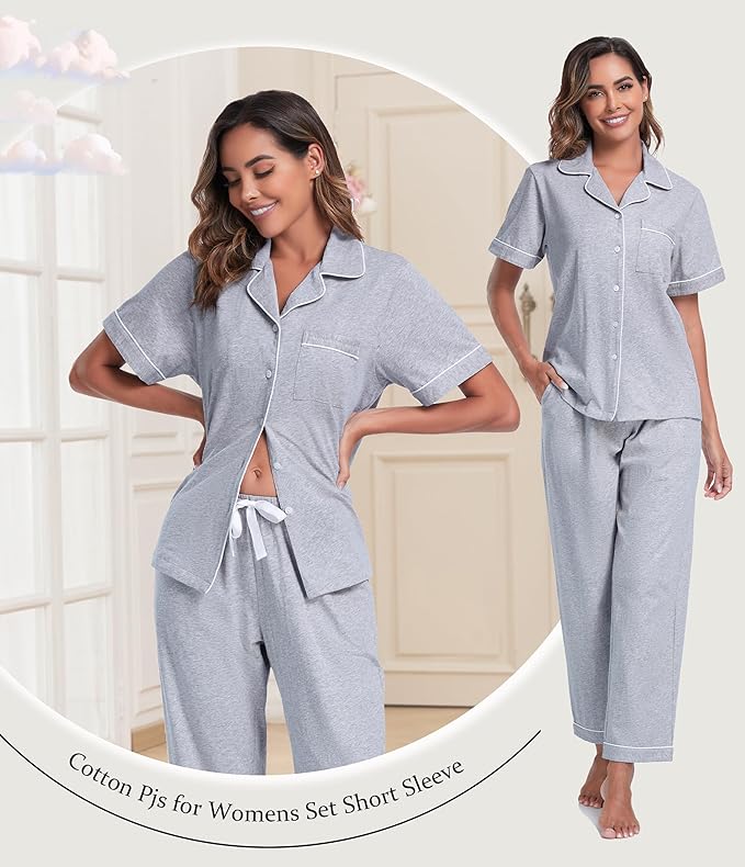 Women's 100% Cotton Pants Pajama Set - Short Sleeve - 2 Piece