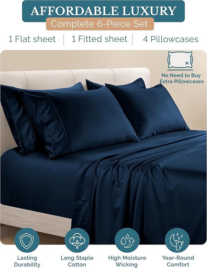 100% Cotton Bed Sheet Set - California King - 15 in Deep Pocket - 6 Piece