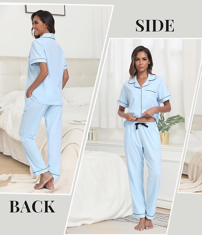 Women's 100% Cotton Pants Pajama Set - Short Sleeve - 2 Piece