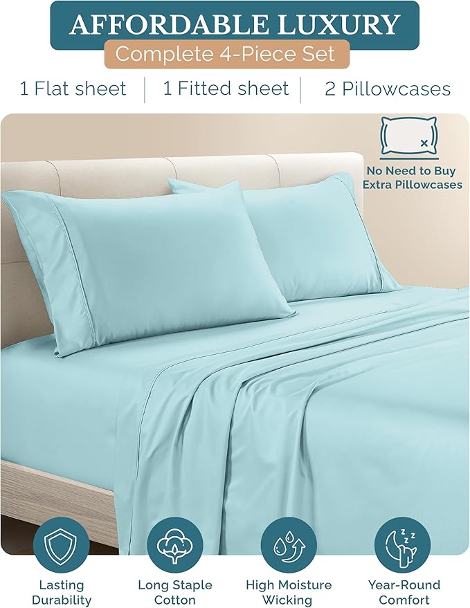 100% Cotton Bed Sheet Set - Twin XL - 15 in Deep Pocket - 4 Piece