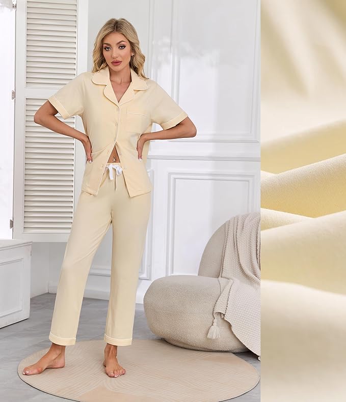 Women's 100% Cotton Pants Pajama Set - Short Sleeve - 2 Piece