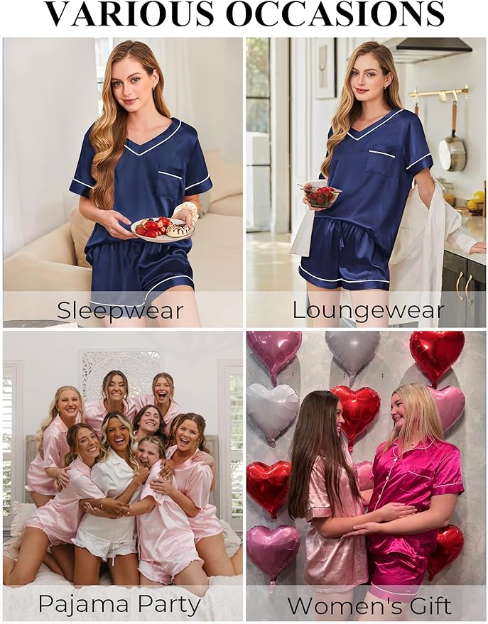 Women's Satin Pajama Set - Short Sleeve - 2 Piece