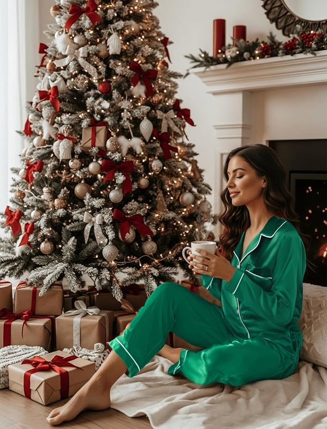 Women's Satin Pajama Set - Long Sleeve - 2 Piece