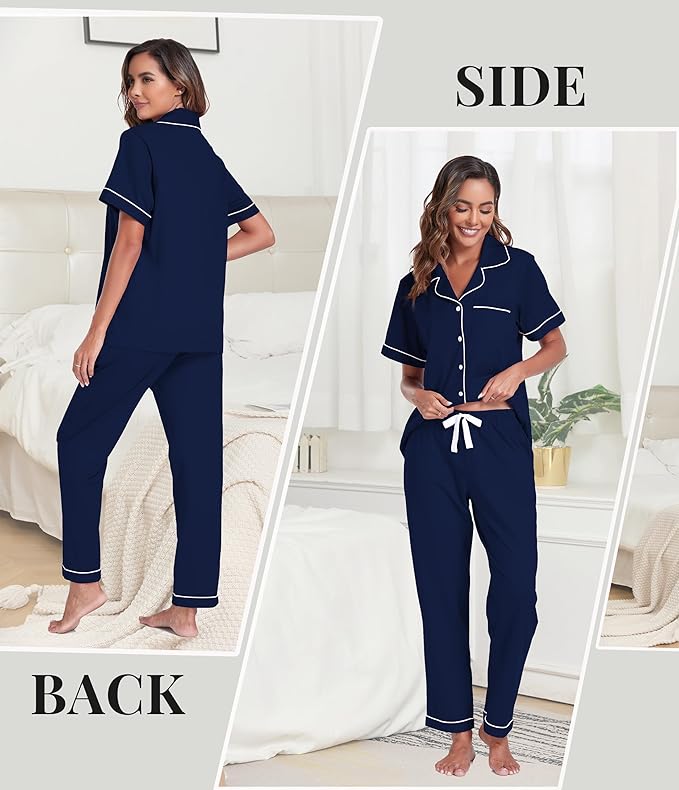 Women's 100% Cotton Pants Pajama Set - Short Sleeve - 2 Piece